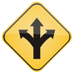 Yellow road sign with black arrows pointing in 3 directions