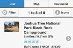 Camp Finder App showing Joshua Tree National Park Black Rock Campground with Photos and Camper Ratings